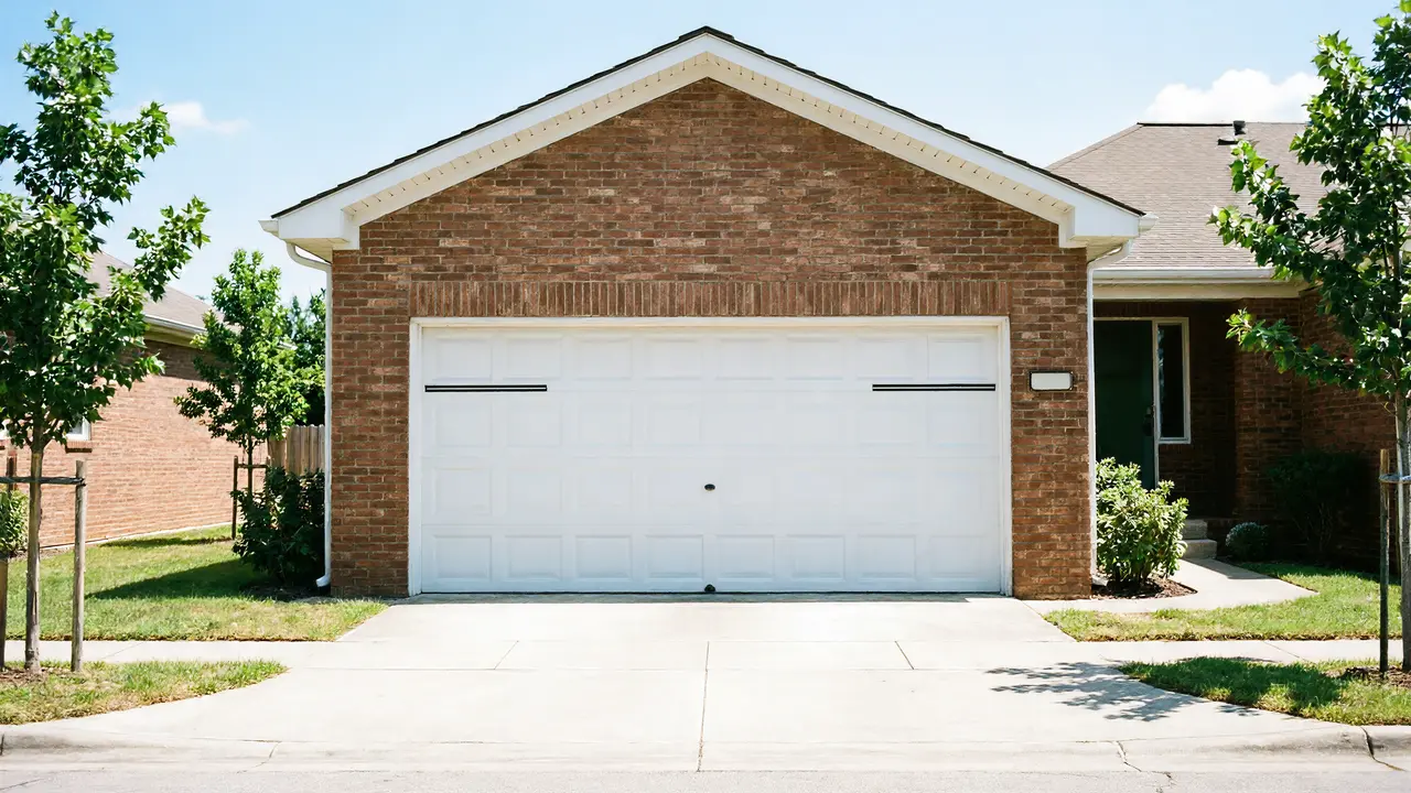 A white garage door is on a brick house with a green front door.