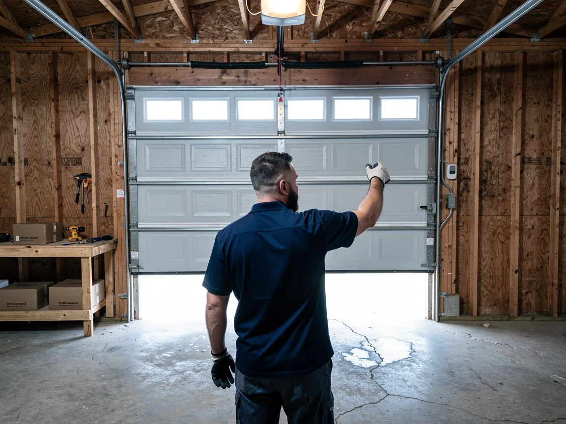 A technician stands in a garage looking at an open garage door.