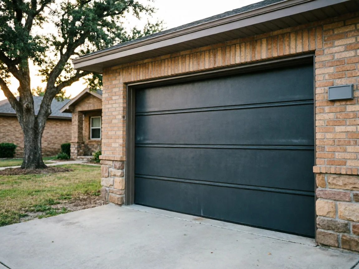 A dark gray garage door is set into a brick and stone house.