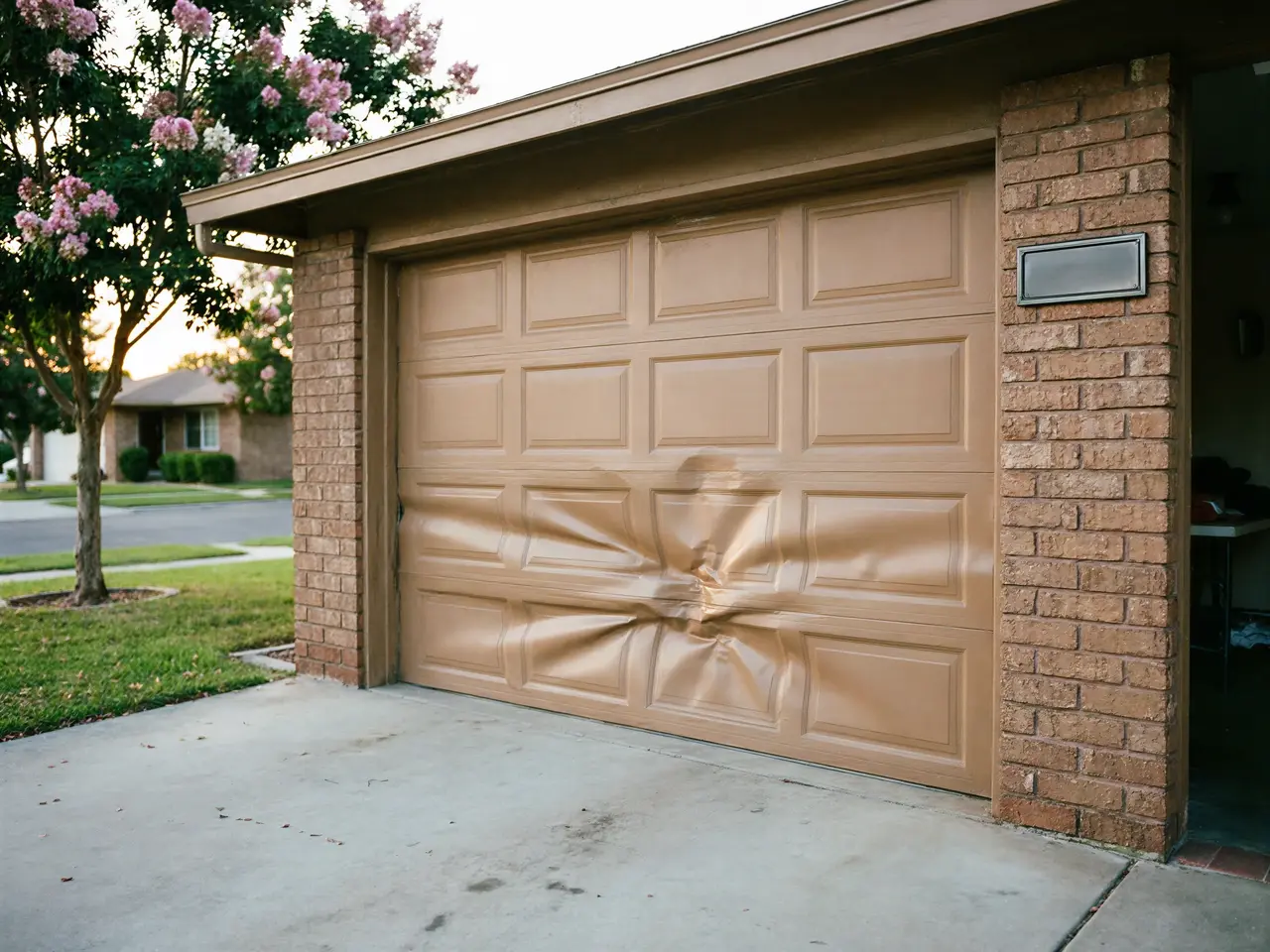 A damaged tan garage door is on a brick house.