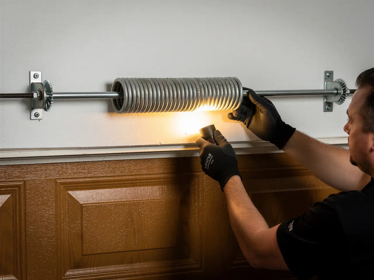 A technician with black gloves is working on a garage door torsion spring.
